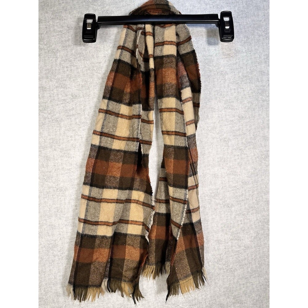 Made by English Leather Plaid acrylic made in France scarf 11 x48 Fringe Brown